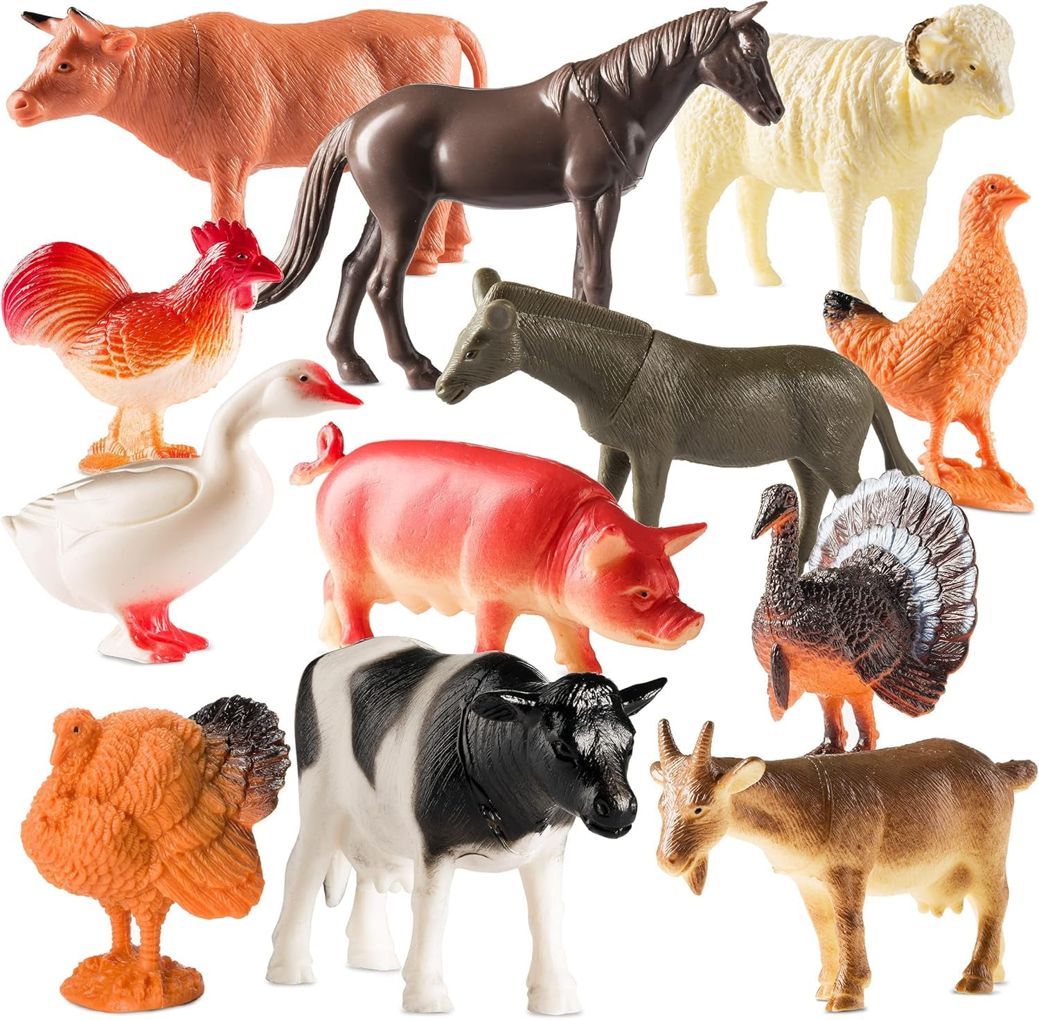 Farm Animal Toys - Pack of 12 - Plastic Farm Animals for Kids, Realistic 3-5 Inch Ranch / Barnyard Animal Toy Figures Styles Include Sheep, Horse, Goat, Duck, Chicken, Turkey, Cow, Pig