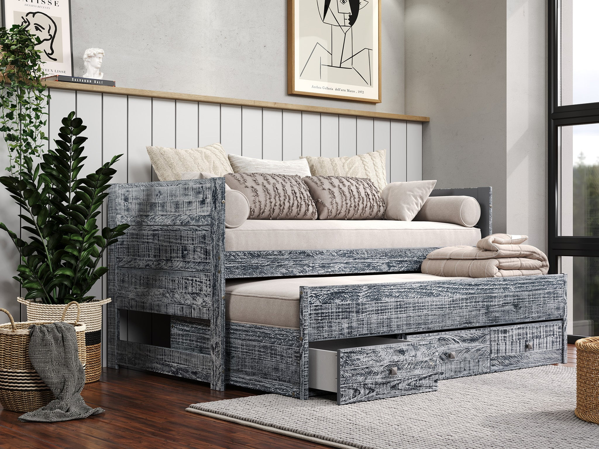 Bedz King All in One Twin Bed with Trundle and 3 Built in Drawers, Weathered Black