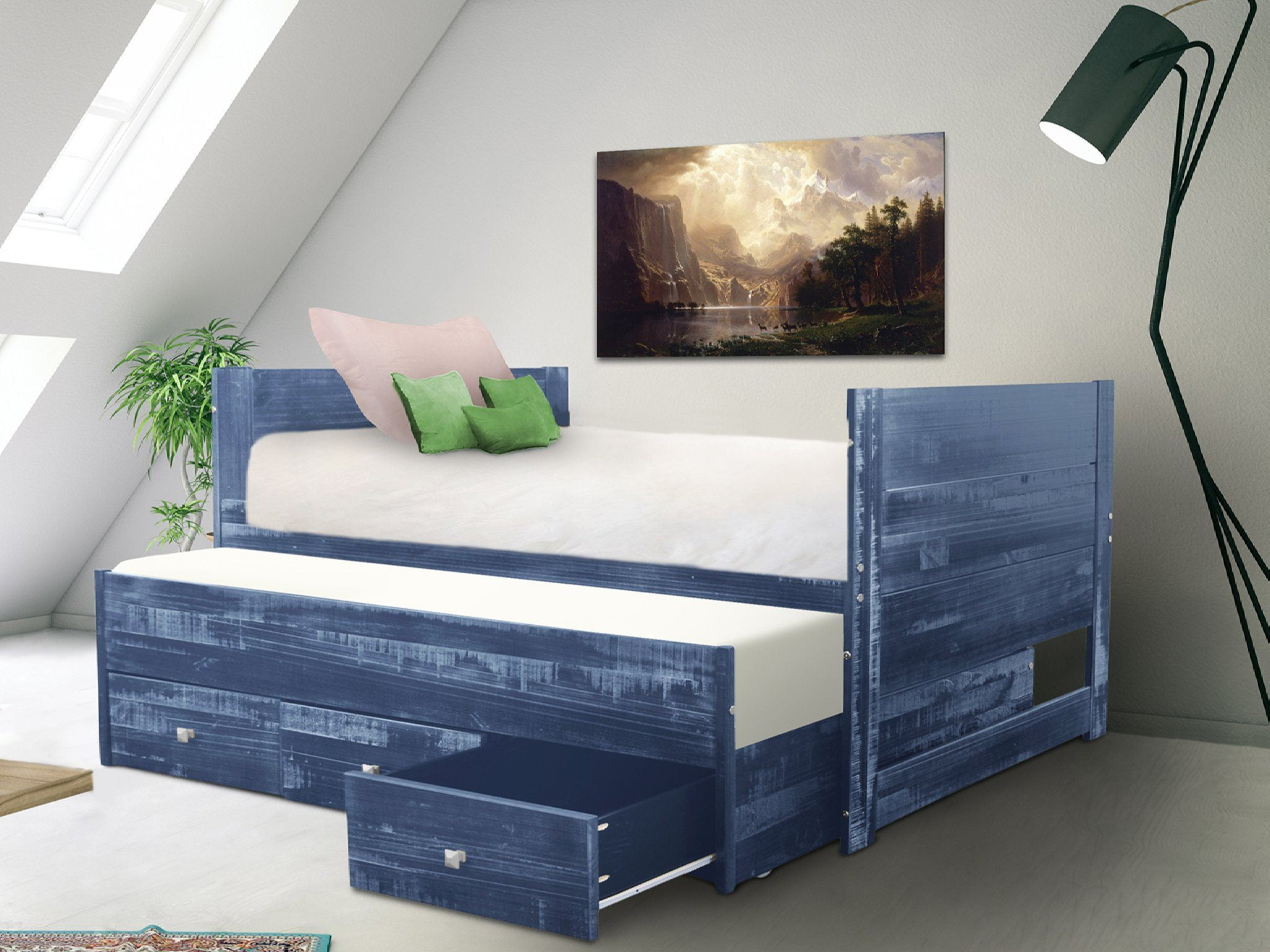 Bedz King All in One Twin Bed with Trundle and 3 Built in Drawers, Weathered Blue