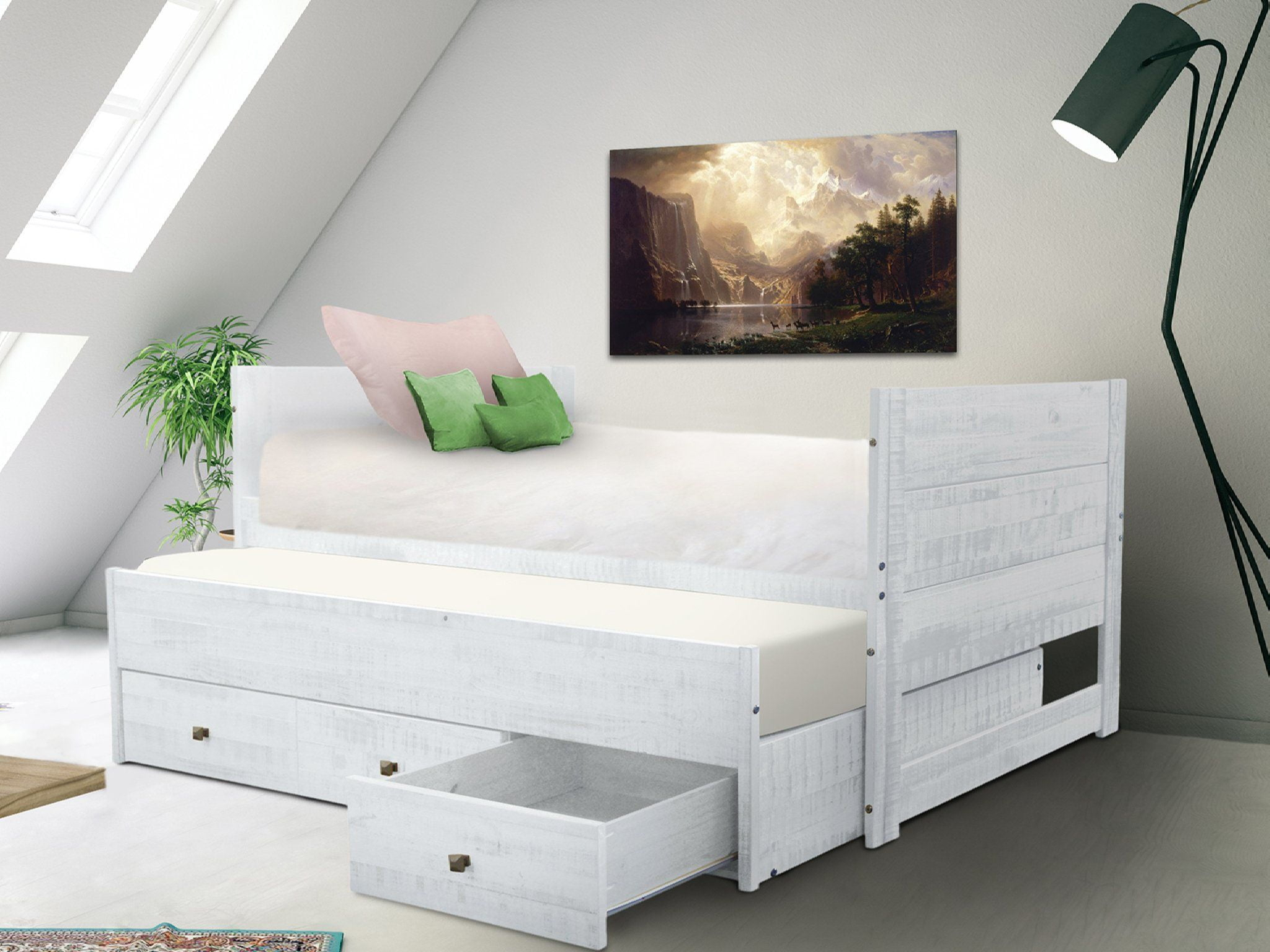 Bedz King All in One Twin Bed with Trundle and 3 Built in Drawers, Rustic White