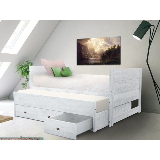 Bedz King Twin Captains Bed with Trundle and 3 Built in Drawers, Rustic White
