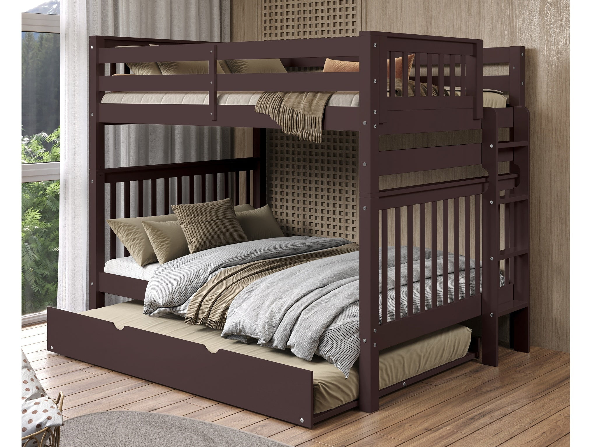 Bedz King Bunk Beds Full over Full Mission Style with End Ladder and a Full Trundle, Dark Cherry