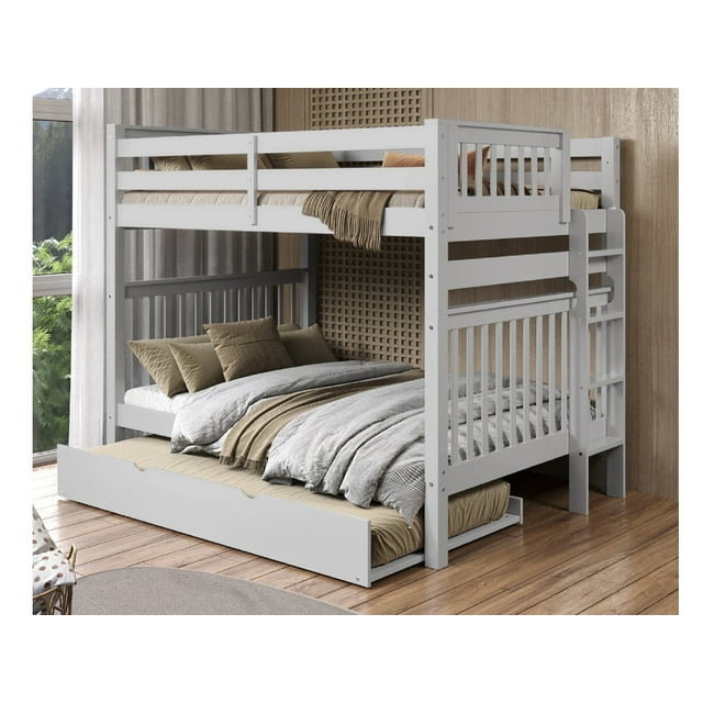 Bedz King Bunk Beds Full over Full Mission Style with End Ladder and a Twin Trundle, Gray