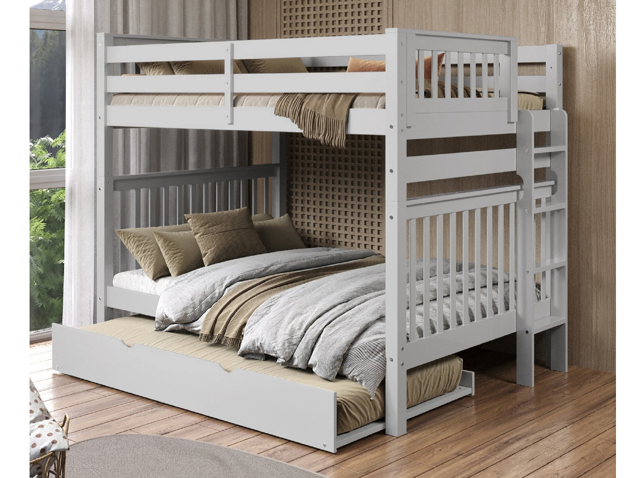 Bedz King Bunk Beds Full over Full Mission Style with End Ladder and a Twin Trundle, Gray