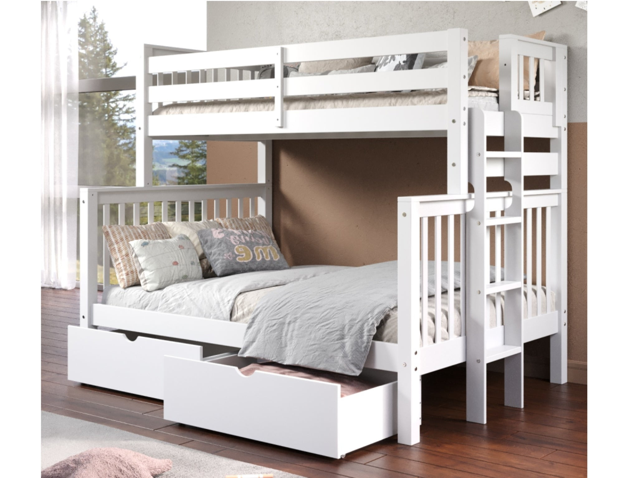 Bedz King Bunk Beds Twin over Full Mission Style with End Ladder and 2 Under Bed Drawers, White
