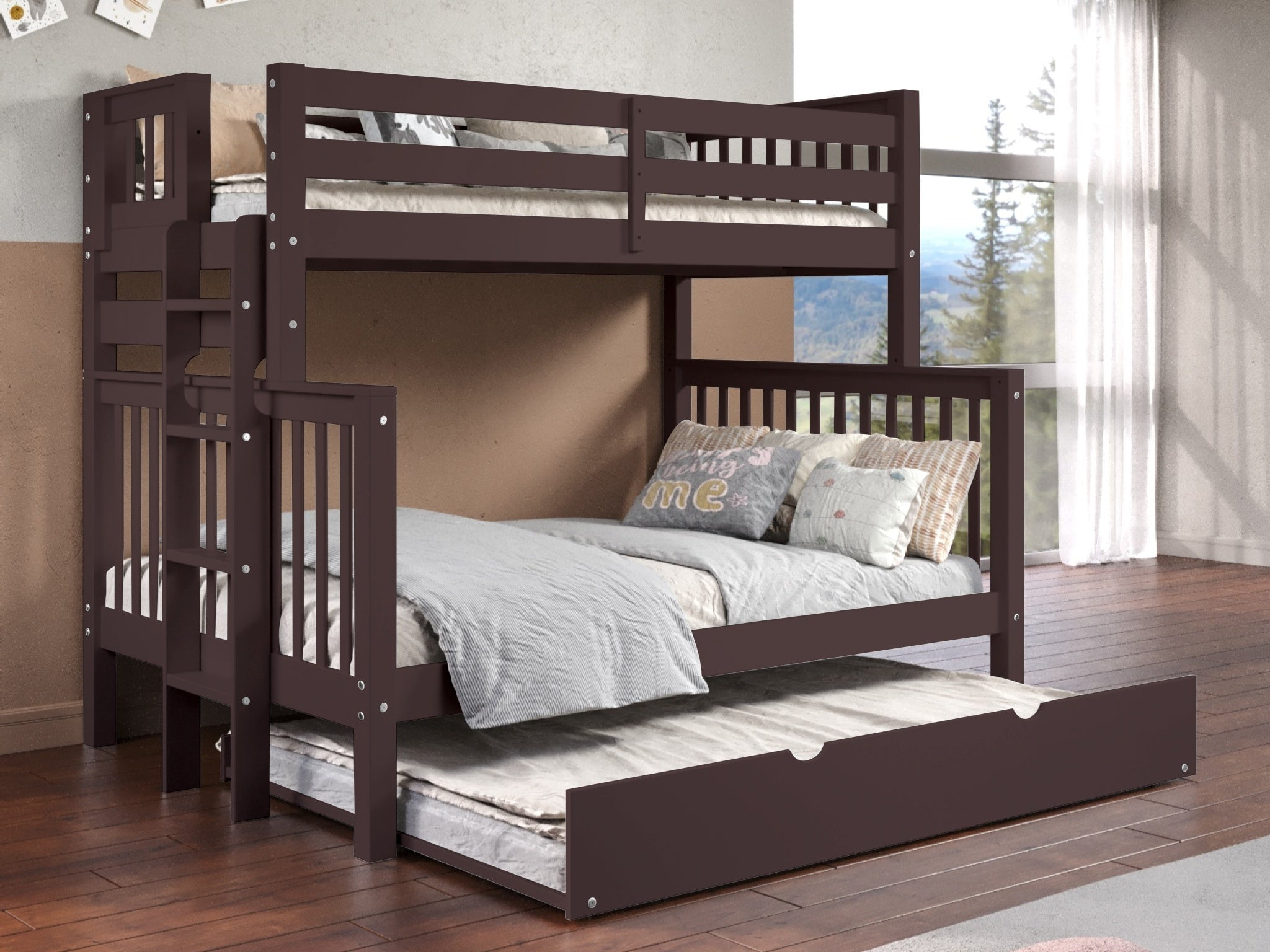 Bedz King Bunk Beds Twin over Full Mission Style with End Ladder and a Full Trundle, Dark Cherry