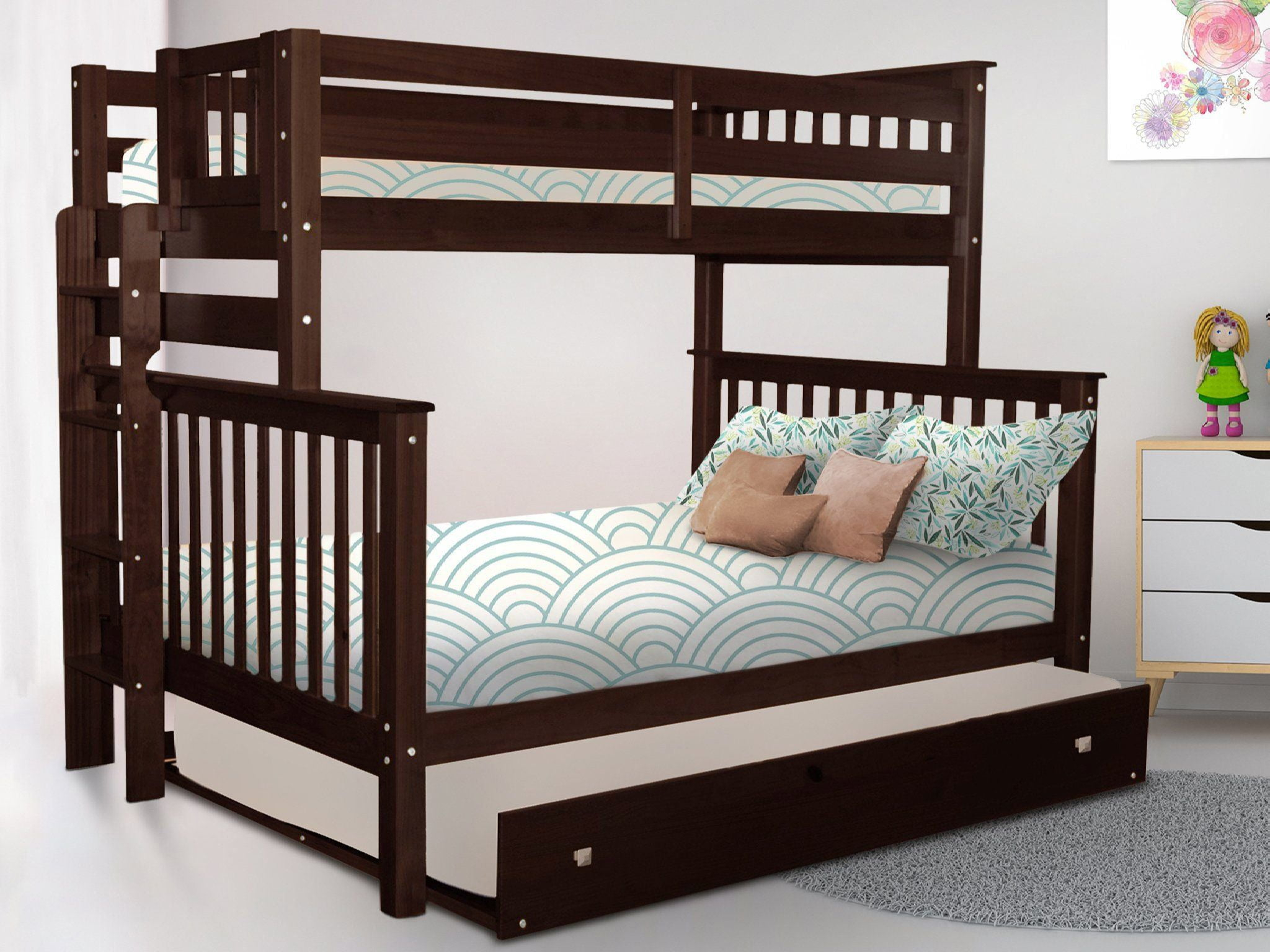 Bedz King Bunk Beds Twin over Full Mission Style with End Ladder and a Full Trundle, Dark Cherry