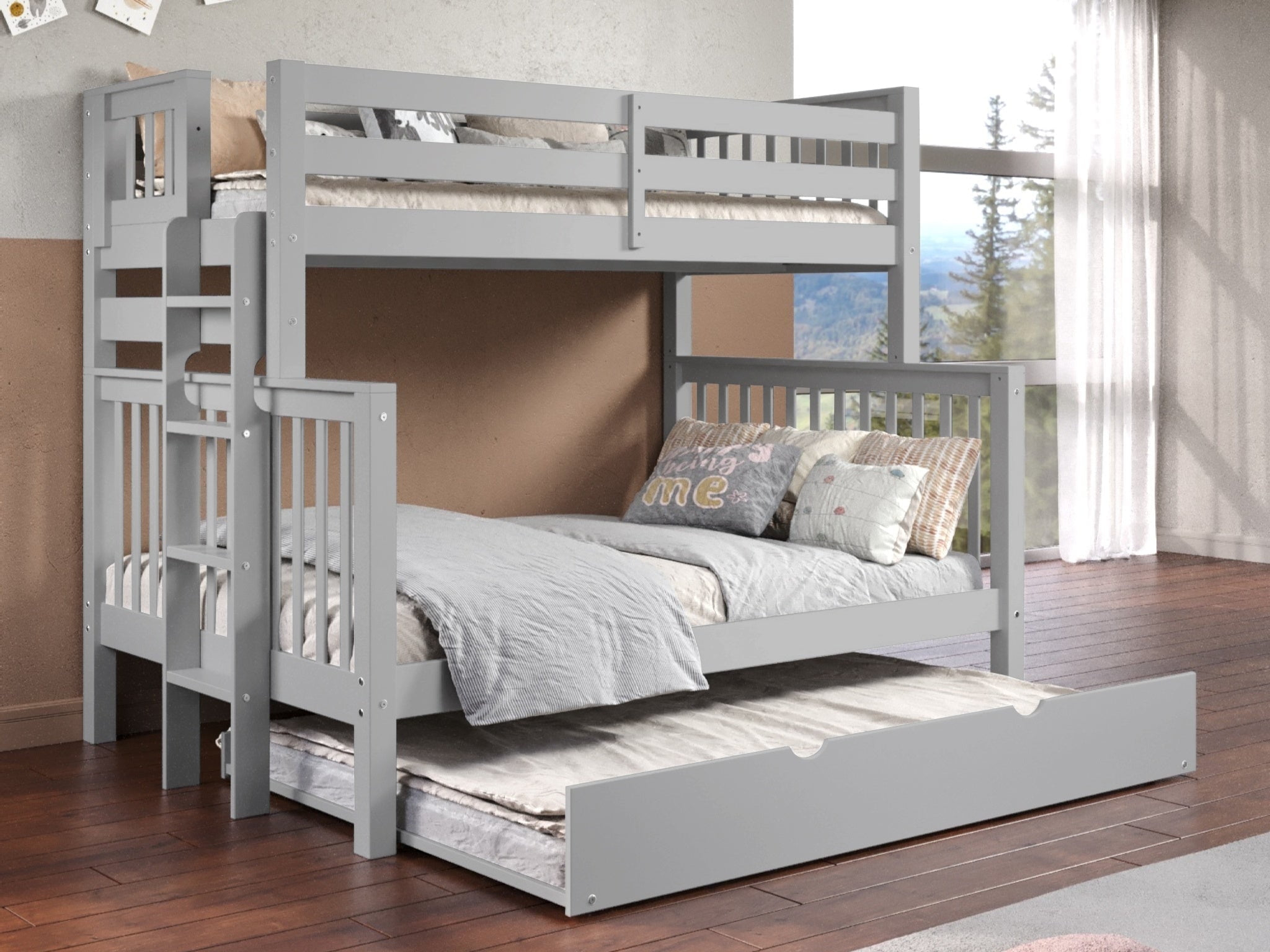 Bedz King Bunk Beds Twin over Full Mission Style with End Ladder and a Full Trundle, Gray