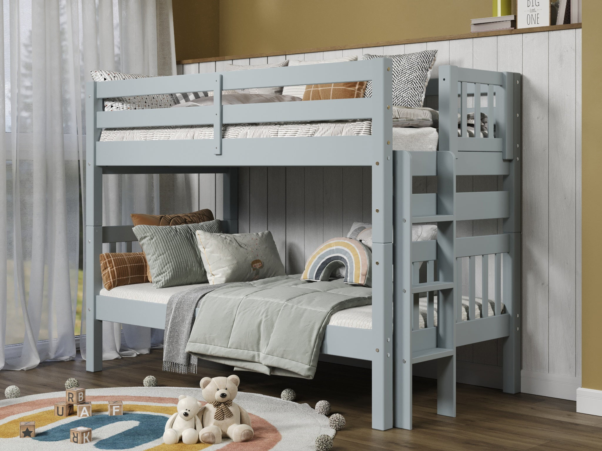 Bedz King Bunk Beds Twin over Twin Mission Style with End Ladder, Breezy Blue