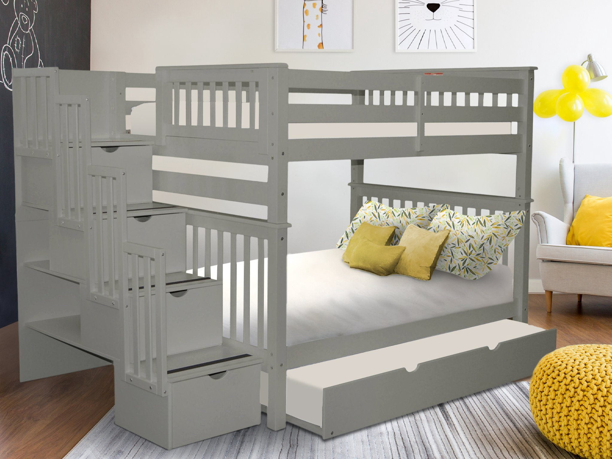 Bedz King Stairway Bunk Beds Full over Full with 4 Drawers in the Steps and a Full Trundle, Gray