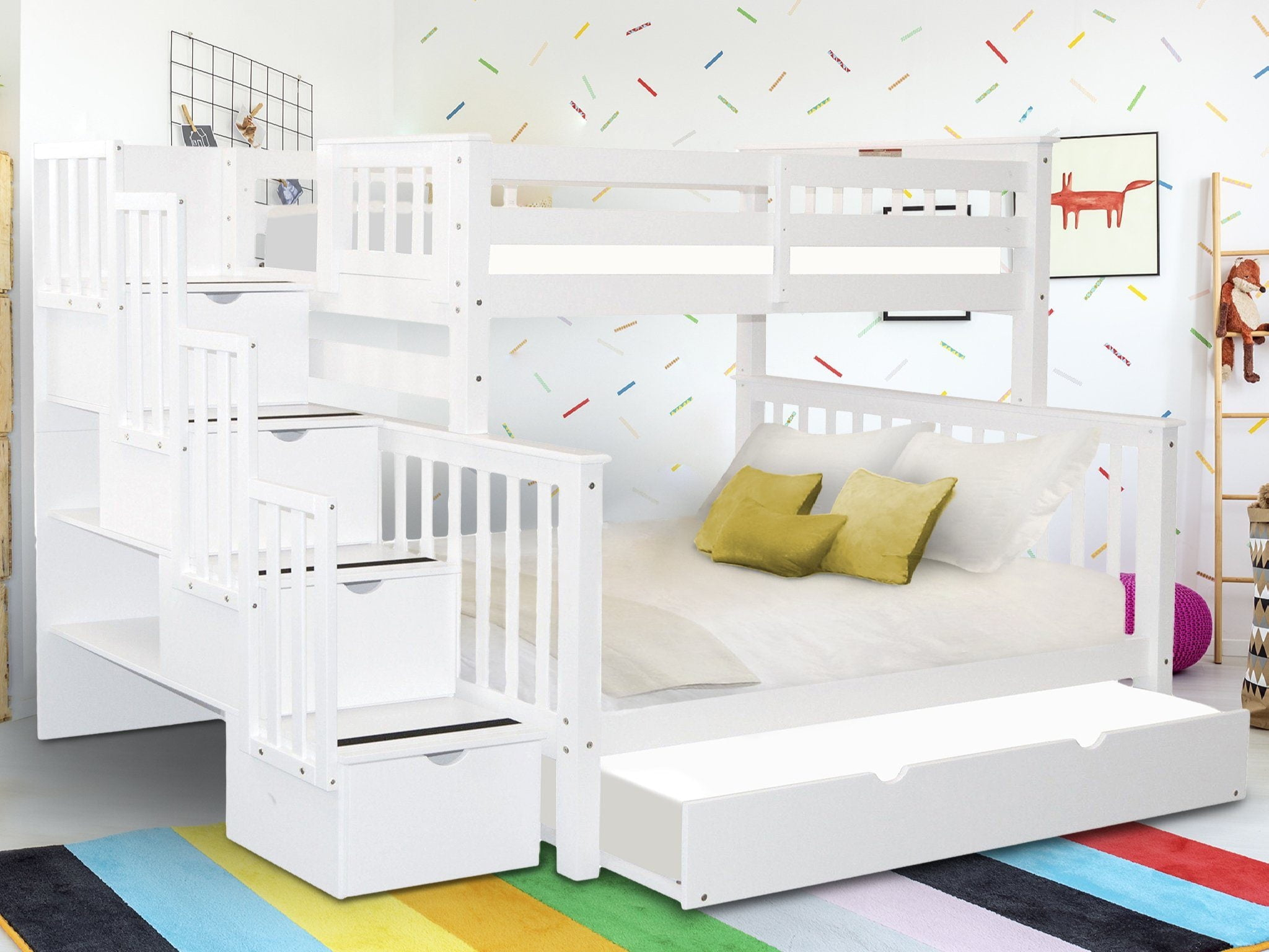 Bedz King - Literas con Escalera Doble con 4 Cajones en los Escalones y una Cama Nido Doble, Color Blanco