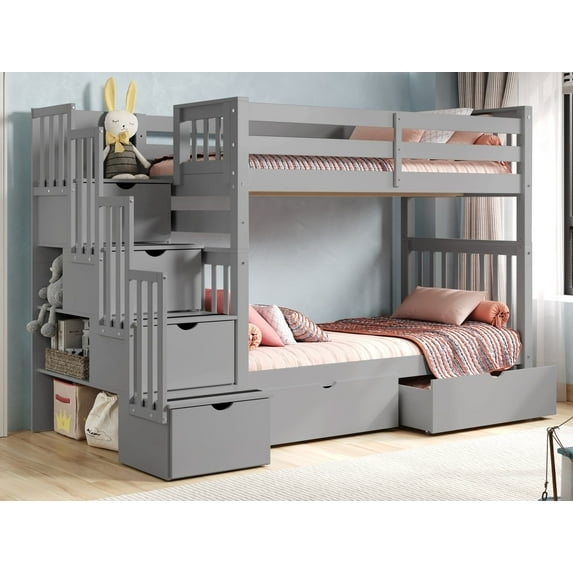 Bedz King Tall Stairway Bunk Beds Twin over Twin with 4 Drawers in the Steps and 2 Under Bed Drawers, Gray