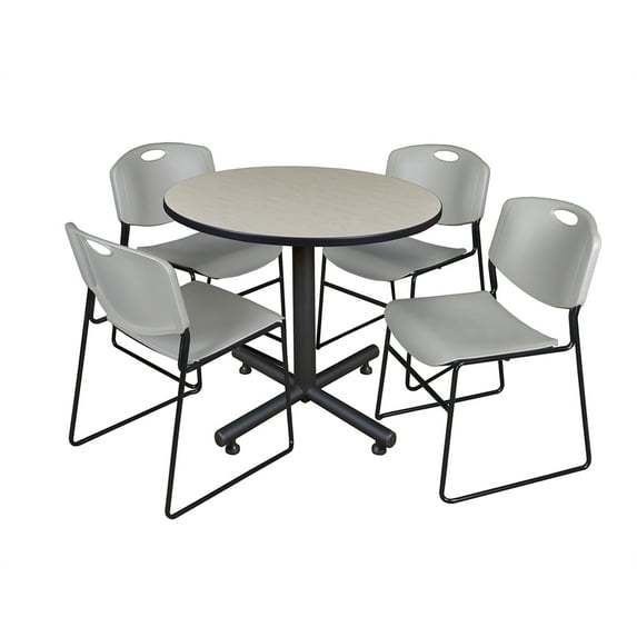 Regency Kobe 42 in. Round X-Base Breakroom Table- Maple, 4 Zeng Stack Chairs- Grey