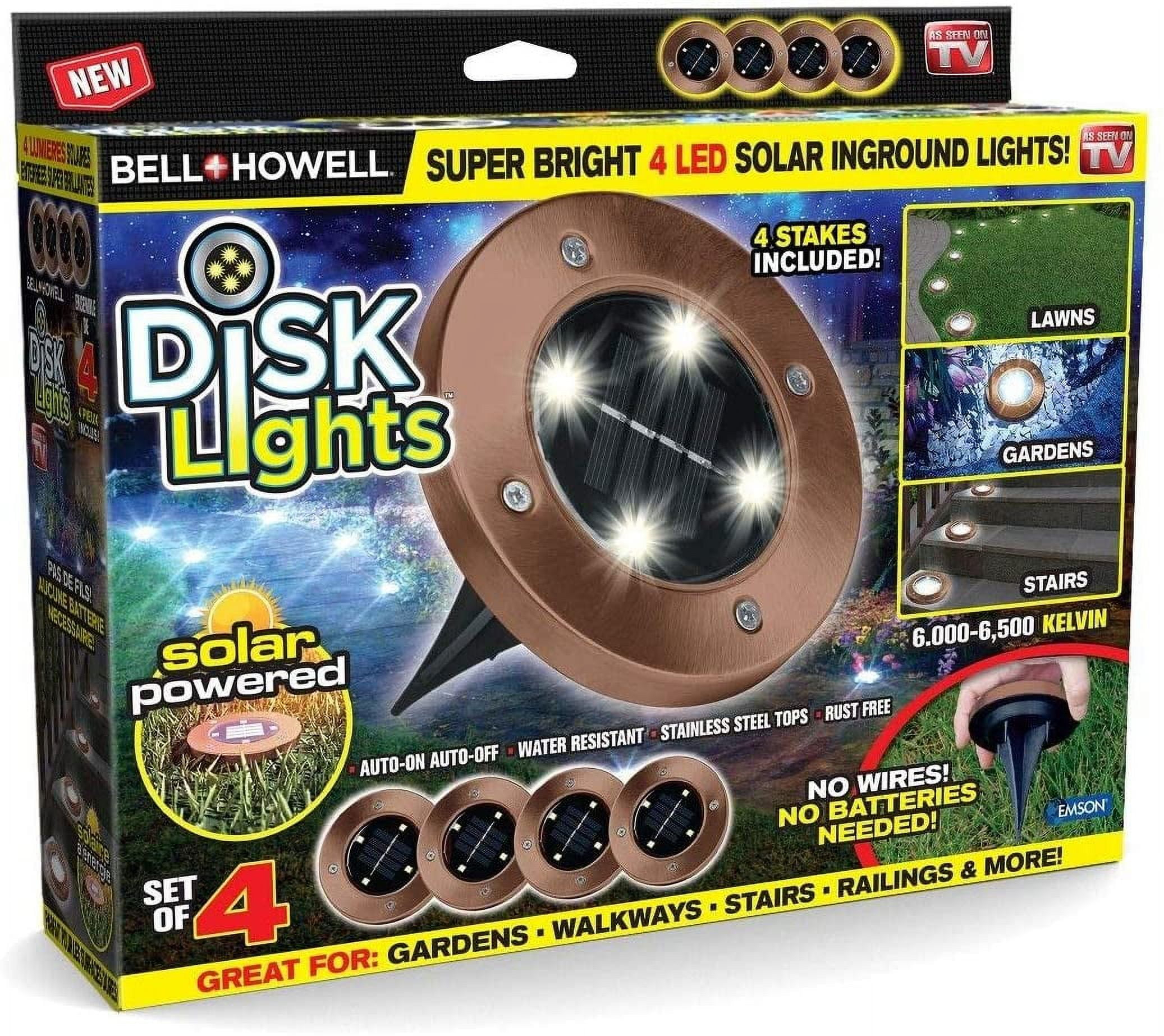 Bell + Howell Disk Lights Bronze – Heavy Duty Outdoor Solar Pathway Lights – 4 LED, Auto On/Off, Water Resistant, with Included Stakes, for Garden, Yard, Patio and Lawn, 4 Pack