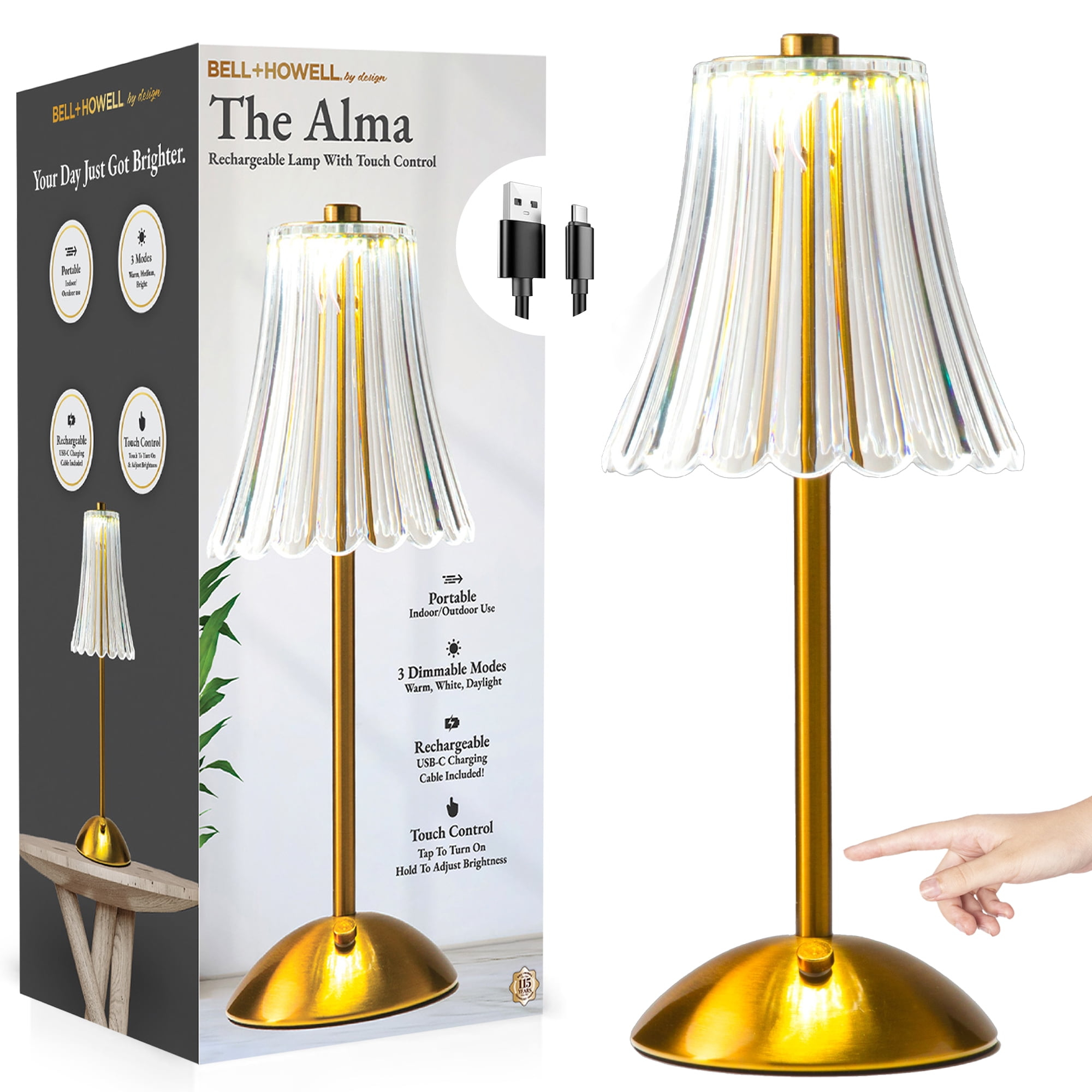 Bell and Howell Alma Table Lamp Small Cordless Touch LED Rechargeable Lamp for Bedside Desk Nightstand Gold Base