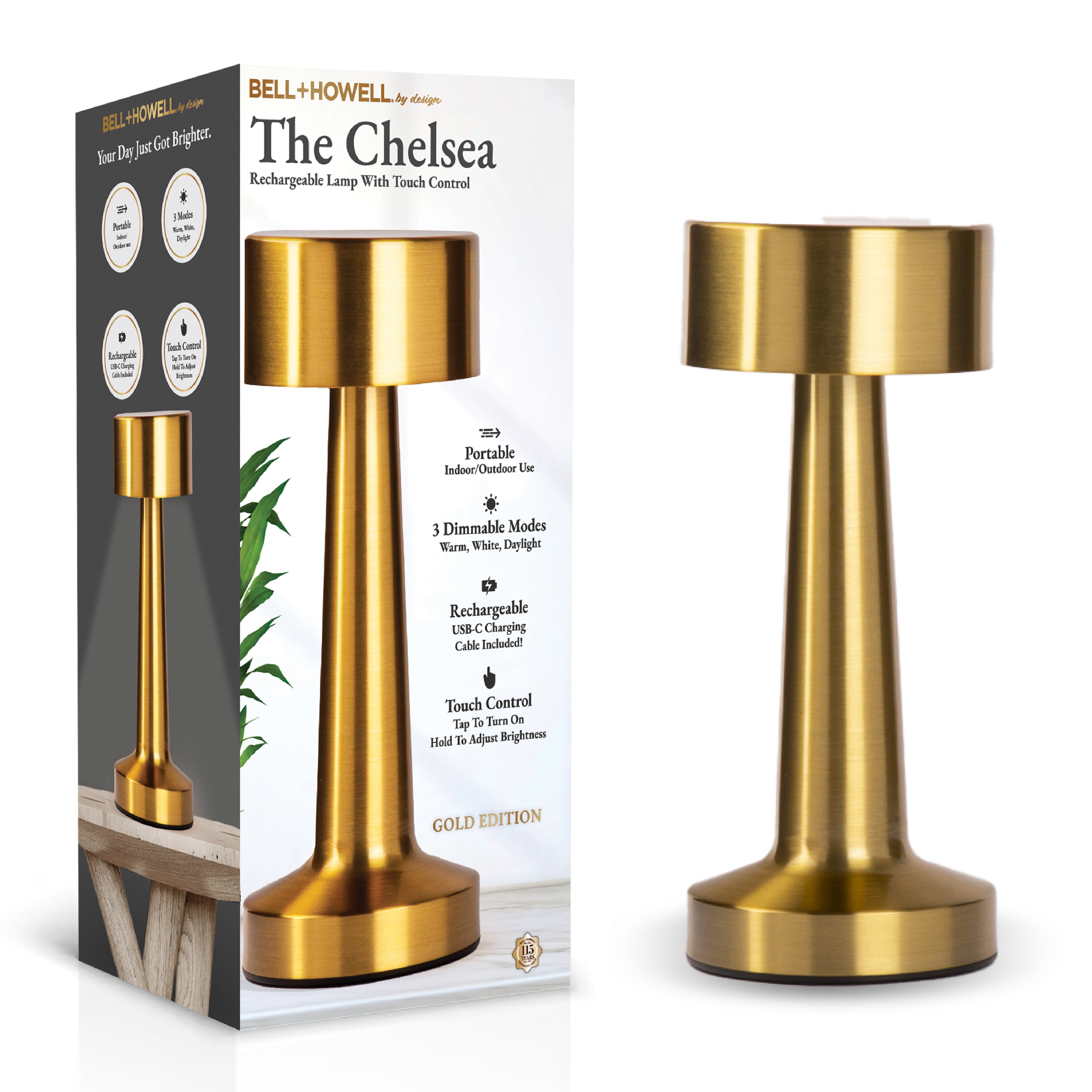 Bell and Howell Chelsea Table Lamp Small Cordless Touch LED Rechargeable Lamp Bedside Desk Gold