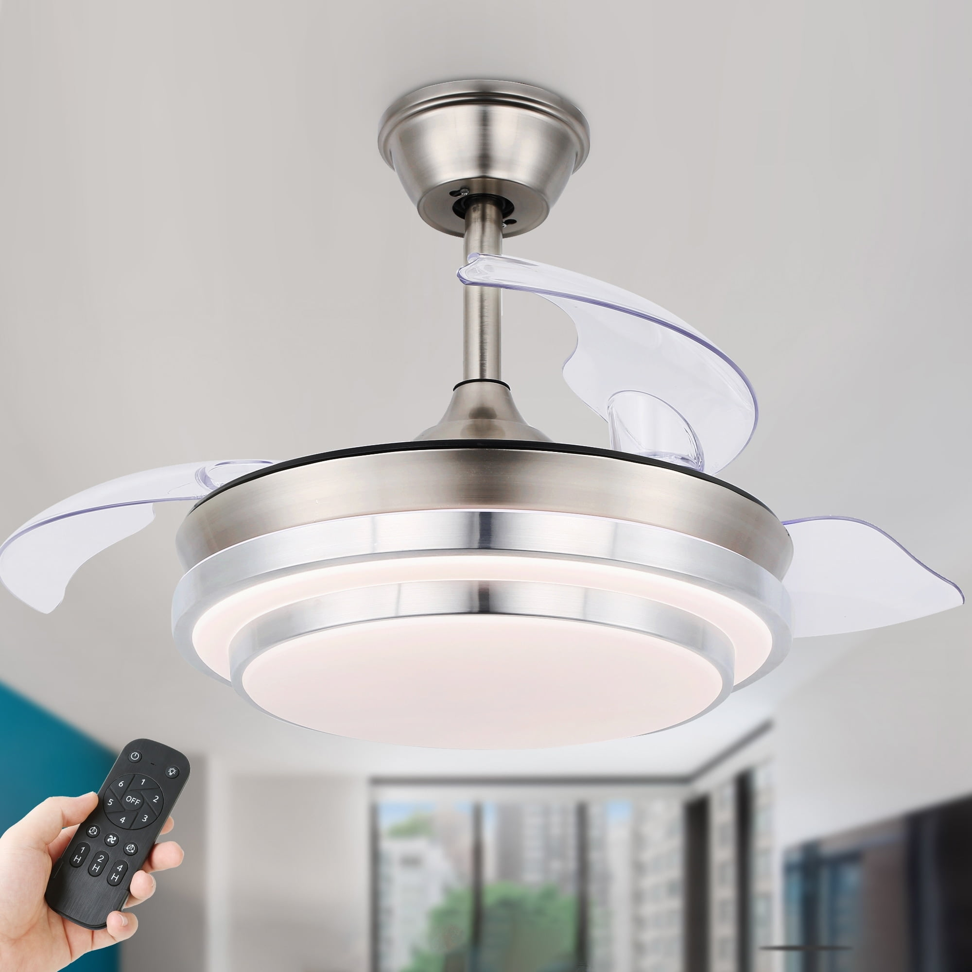 Bella Depot 42" Modern Retractable Ceiling Fan with Led Light, 6-speed Reversible Ceiling Fan with Remote Control 40 Distressed Wood 36 Inches 36"