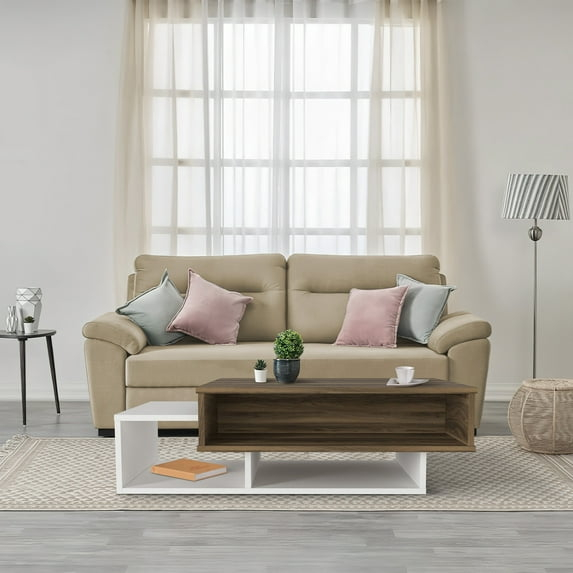 Belle 41 Inch Modern Wooden Rectangular Coffee Table with 3 Tier Storage, White and Brown