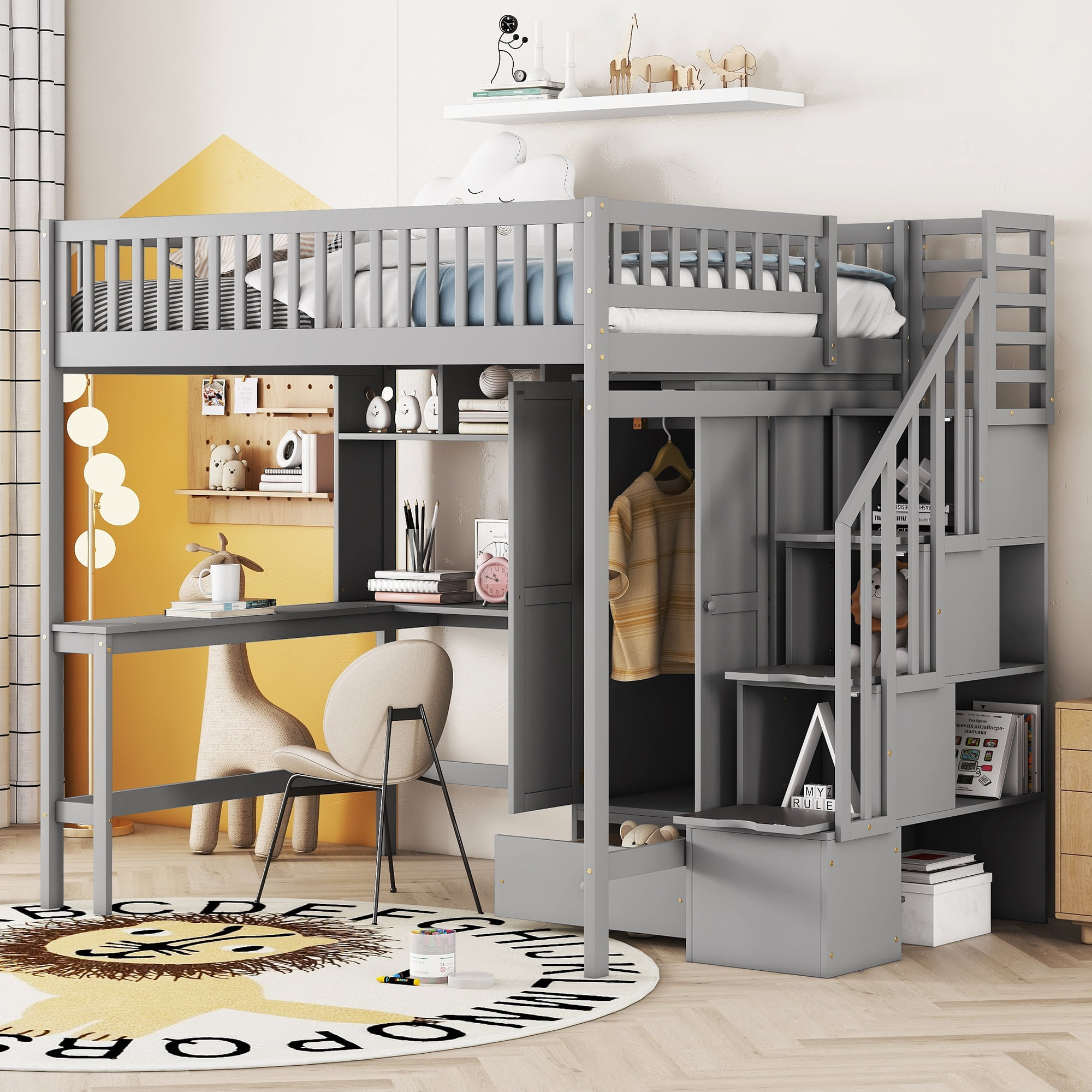Bellemave Full Size Loft Bed with Stairs and Wardrobe, Wood Loft Beds Frame with Desk and Storage Drawers, Stairway Loft Bed for Kids, Teens & Adults（Gray）