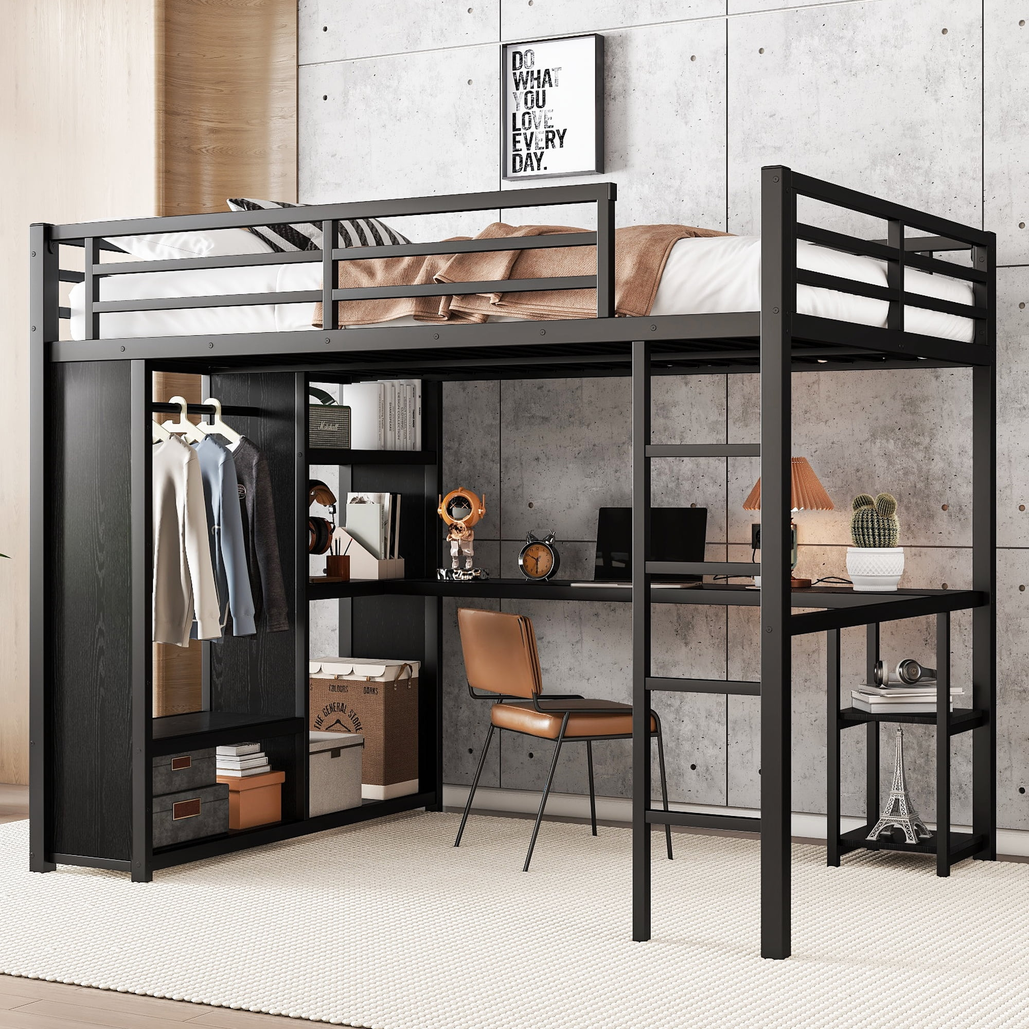 Bellemave Queen Size Loft Bed with Desk and Wardrobe Metal Loft Bed with Storage Shelves Loft Bed Frame with Guardrails for Kids, Teens, No Box Spring Needed (Queen, Black)