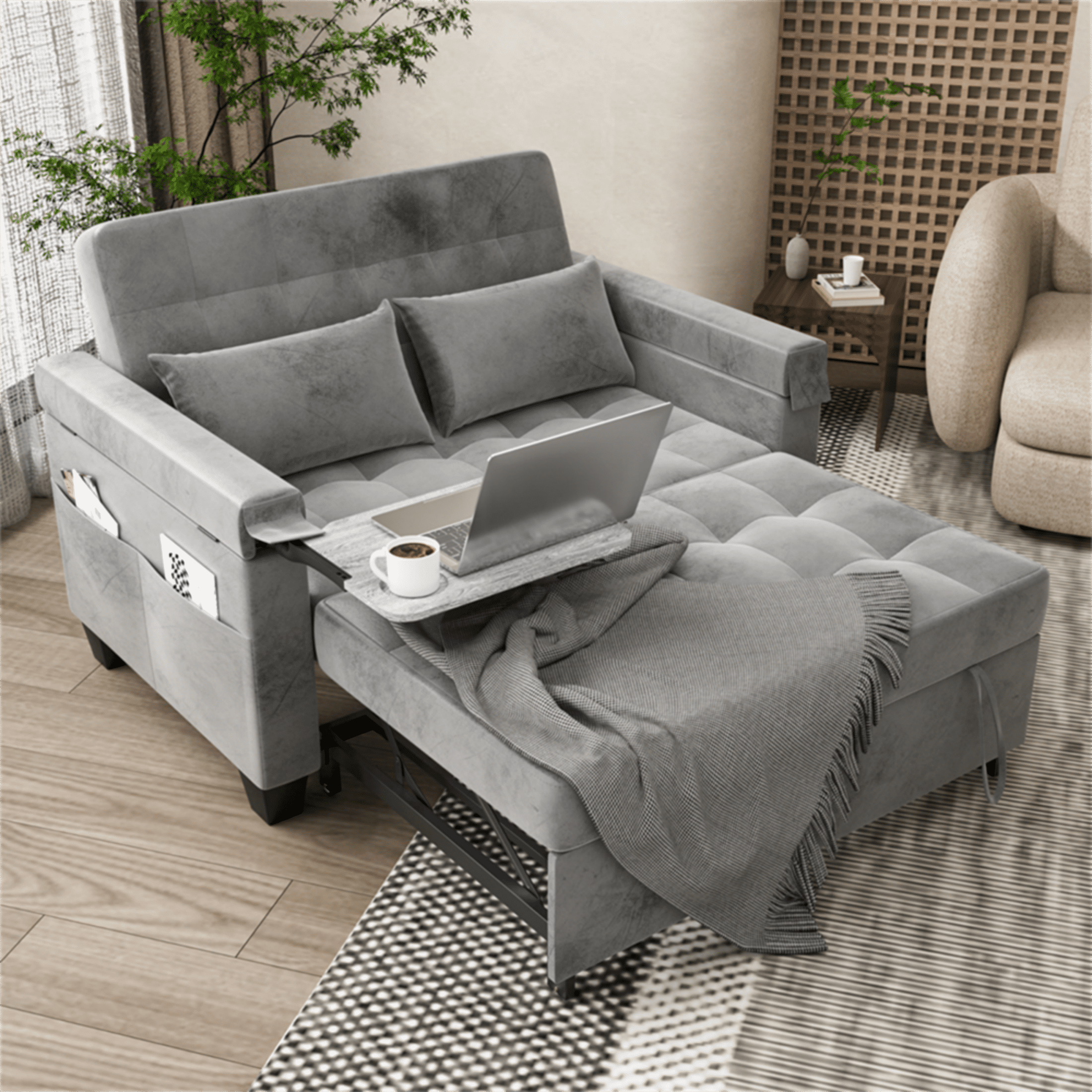 Yeahumalia 3 in 1 Convertible Velvet Loveseat Sleeper Futon Sofa Bed, Pull Out Couch with Side Table for Living Room, Bedroom, Grey