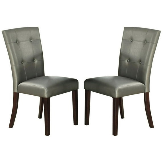 BenJara Button Tufted Faux Leather Wooden Dining Chair, Set Of 2,Silver