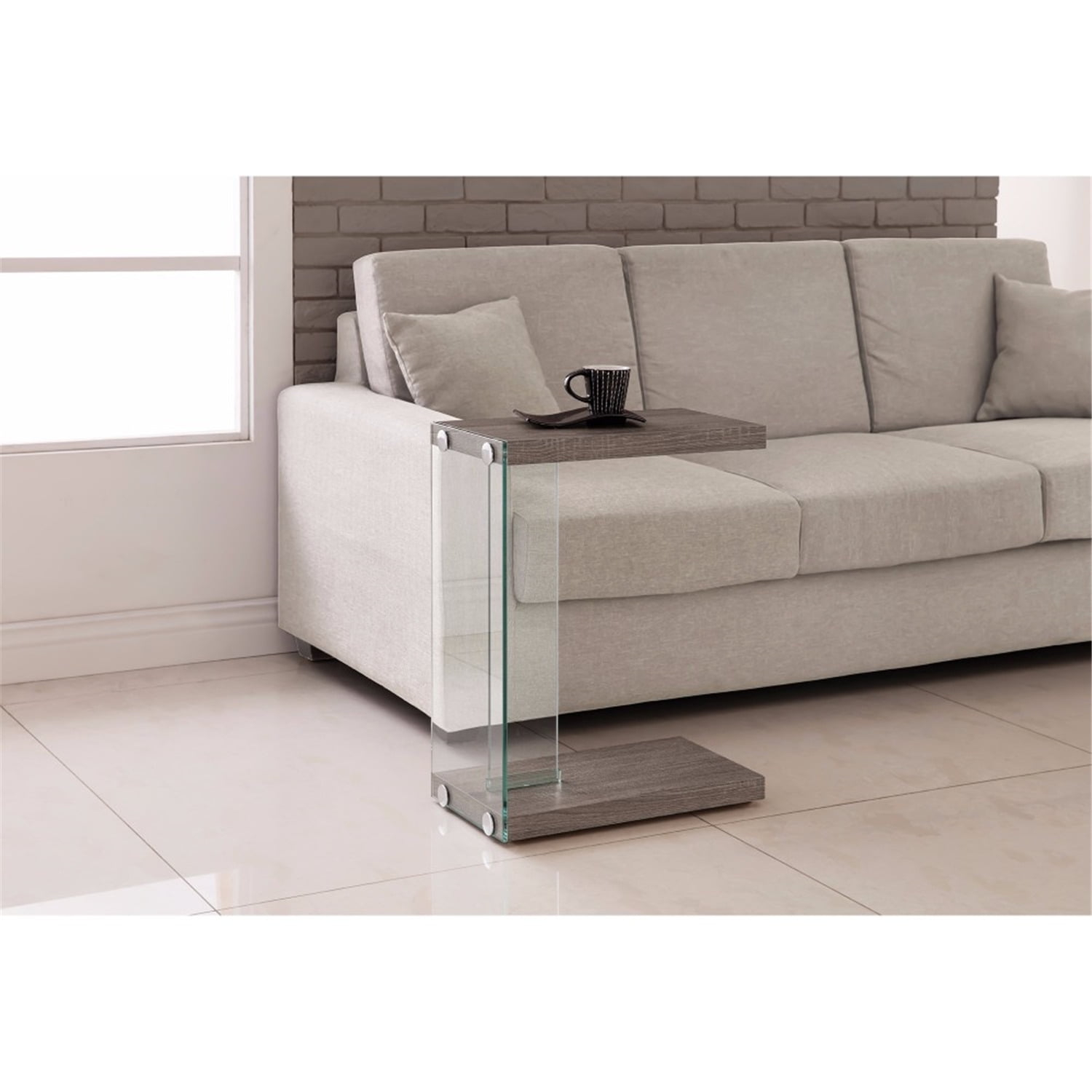 Benjara Contemporary Wood And Glass Snack Table, Gray And Clear-Color:Gray/Clear