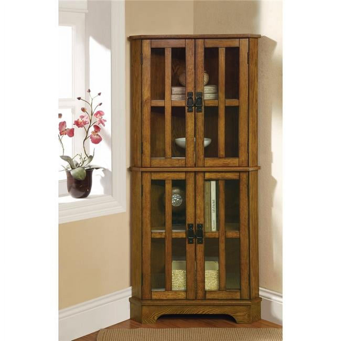 Benzara BM160207 52.5 x 23 x 14 in. Corner Curio Cabinet with Windowpane-Style Door Fronts, Brown