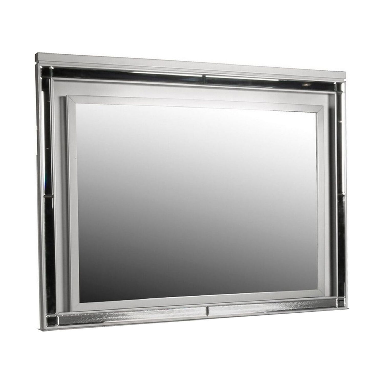 Benjara Lee 38 x 50 Dresser Mirror, Modern LED Light Trim, Silver Hardwood Frame