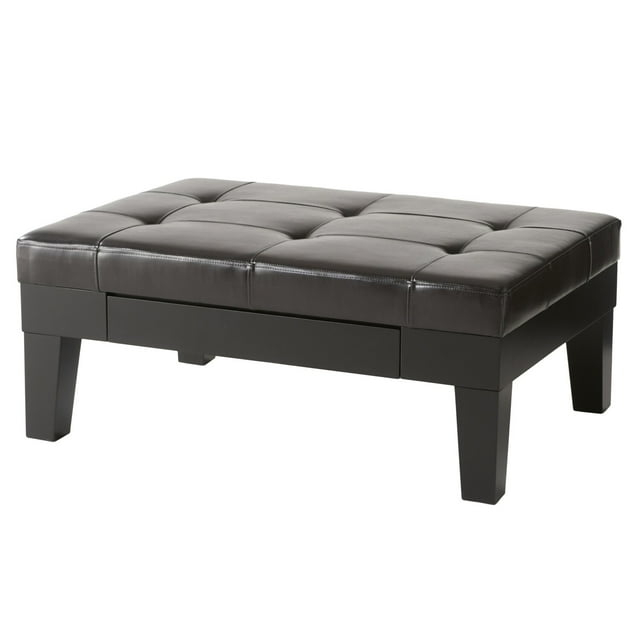 Benjara Olivia Ottoman Table, Drawer, Black Faux Leather, Coffee Brown 41 Inch