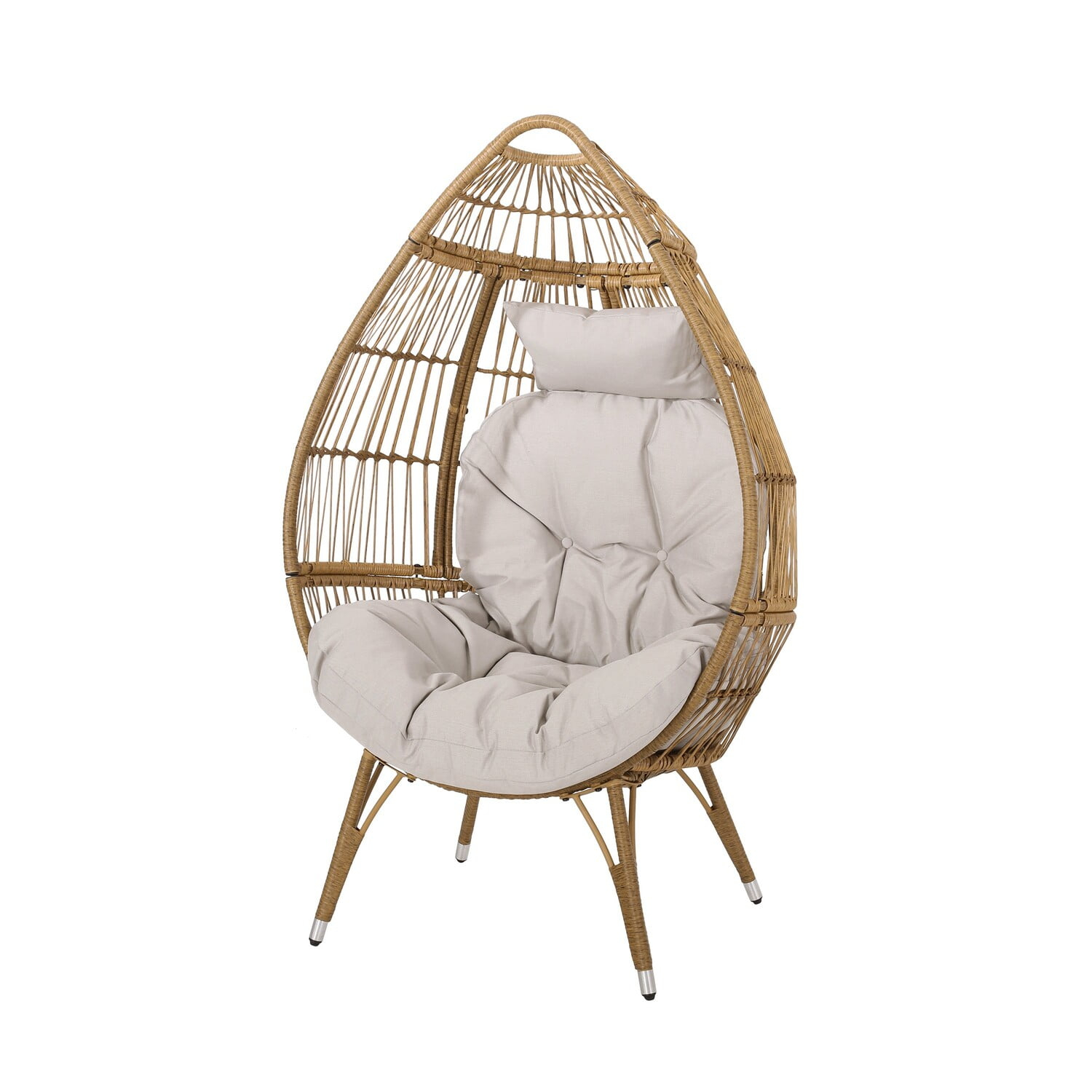 Benjara Outdoor Accent Chair, Teardrop Cocoon w Beige Pillow, Brown PE Rattan