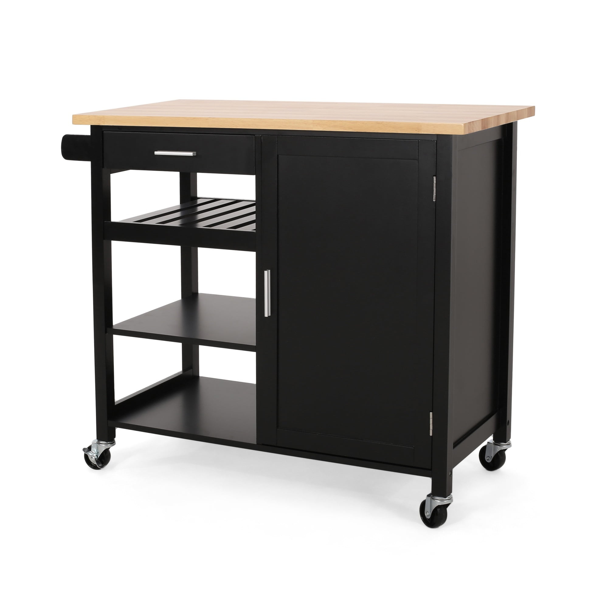 Rolling Kitchen Bar Cart, 3 Shelves, Cabinet, 42 Inch Black and Brown
