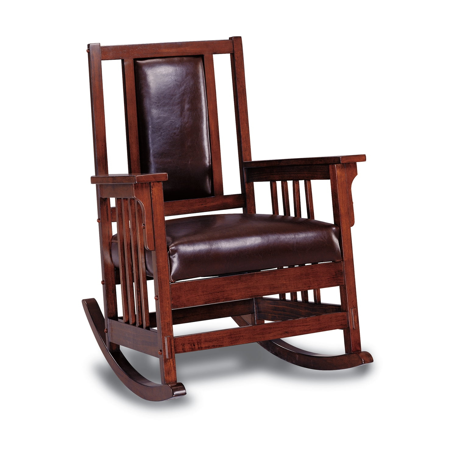 Benjara Mission Style Rocking Chair, Leather Upholstered Seat & Back, Tobacco and Dark Brown