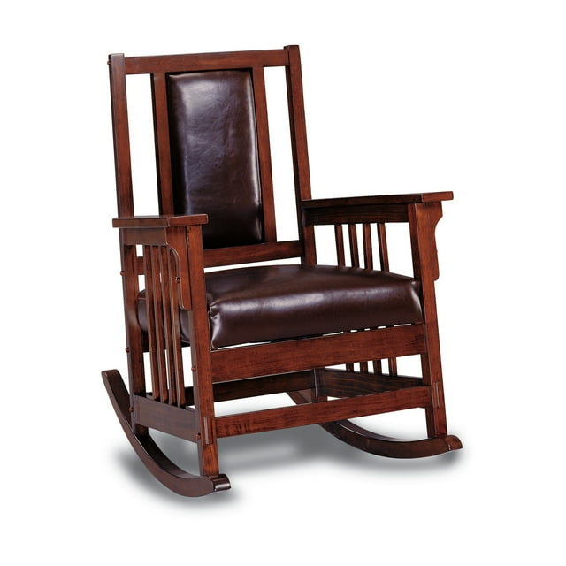 Benjara Mission Style Rocking Chair, Leather Upholstered Seat & Back, Tobacco and Dark Brown