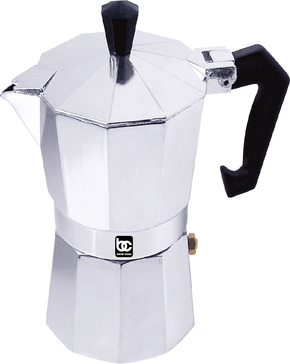 Bene Casa 1 cup aluminum espresso maker, stove top espresso maker, single shot, dishwasher safe espresso maker with side pour spout