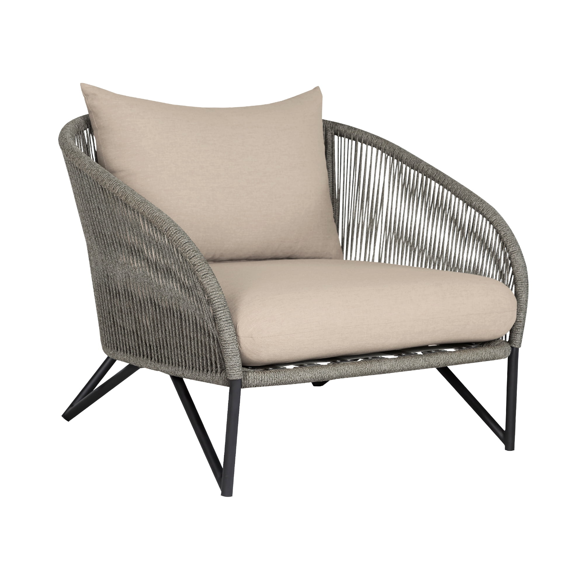 Benicia Outdoor Patio Chair in Black Steel with Gray Rope and Taupe Cushions
