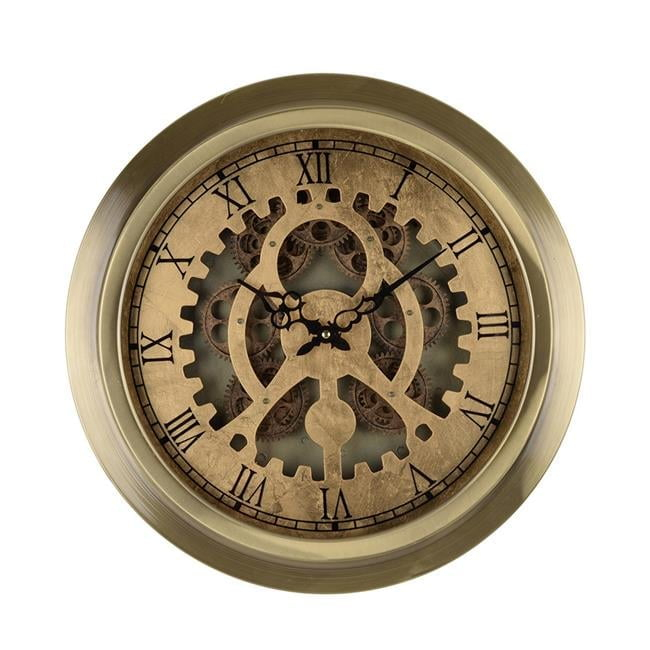 Benjara  18 in. Reny Roman Analog Round Wall Clock, Gear Design - Gold Bronze