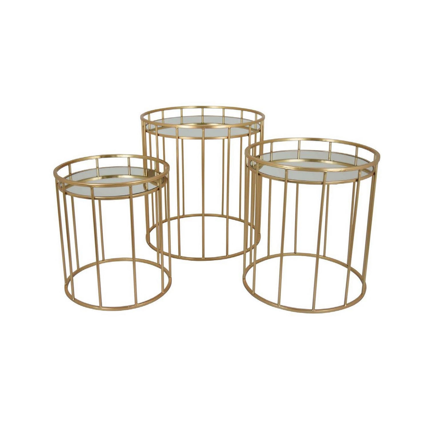 Benjara 20 Inch Plant Stand Table Set of 3, Gold Metal Frame, Mirror Tray Top