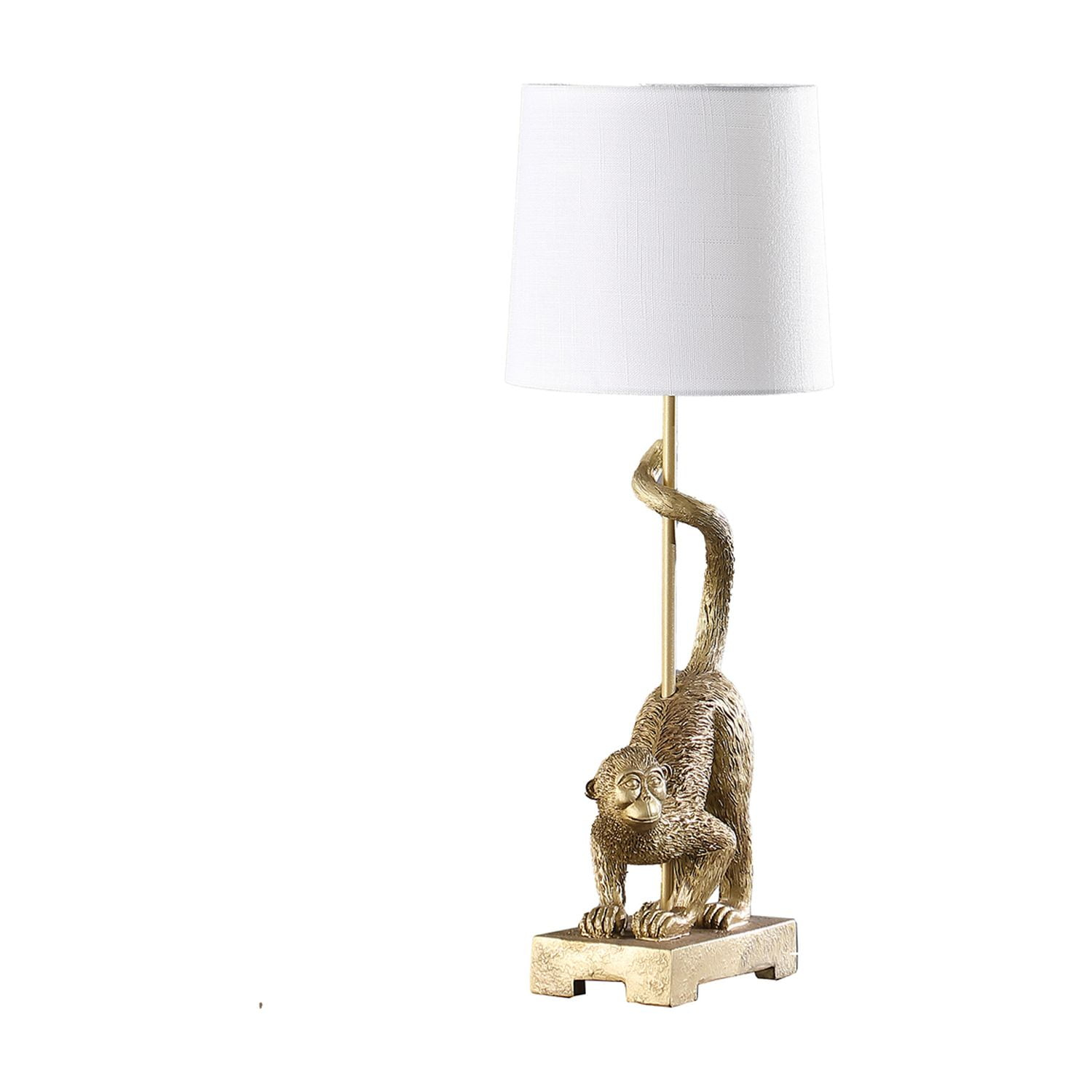 Benjara Ree 24 Inch Accent Table Lamp, Monkey Resin Sculpture, Drum Shade, Gold