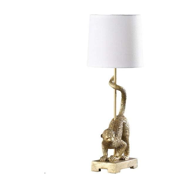 Benjara Ree 24 Inch Accent Table Lamp, Monkey Resin Sculpture, Drum Shade, Gold