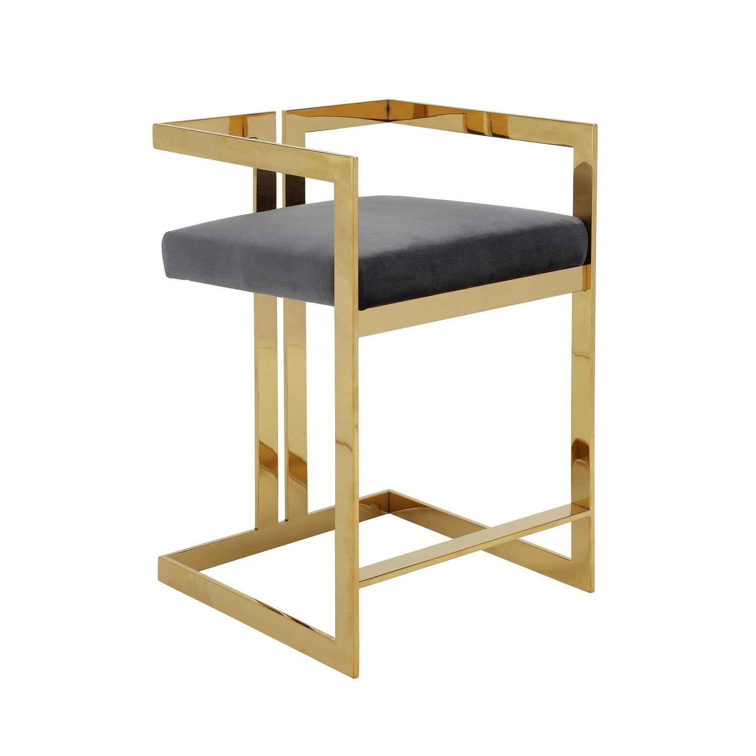 Benjara Suki 26 Inch Barstool Chair, Gray Velvet Seat, Stainless Steel, Gold Finish