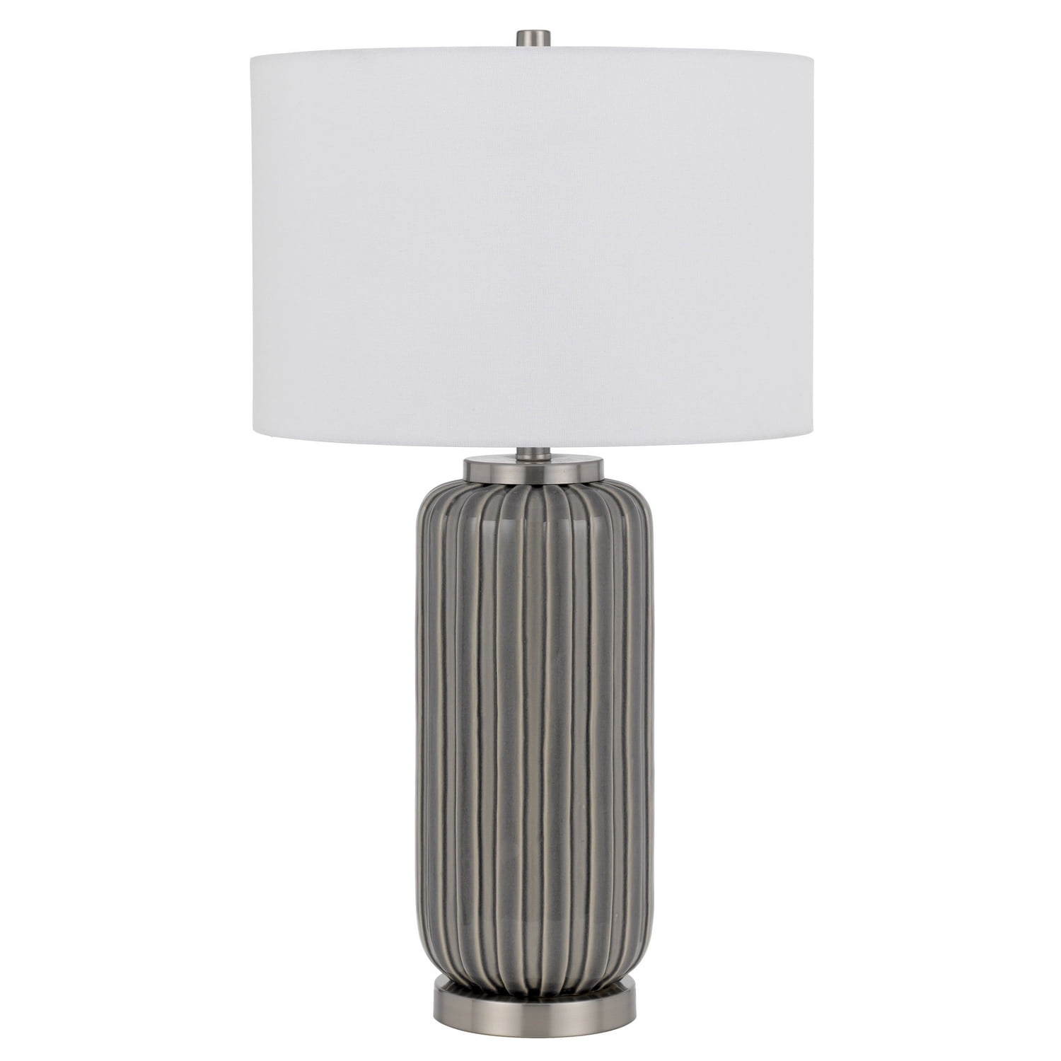 Benjara 29 Inch Ceramic Curved Table Lamp with Stripes, Dimmer, Grey