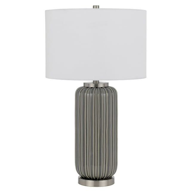 Benjara 29 Inch Ceramic Curved Table Lamp with Stripes, Dimmer, Grey