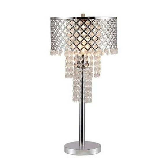 Benjara Denise 29 Inch Table Lamp, Glass, Metal Frame, Mesh Shade, Crystals, Gold