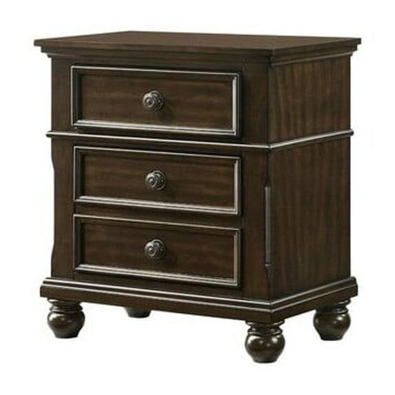 Benjara 3 Drawer Wooden Nightstand with Molded Details and Metal Knobs, Brown