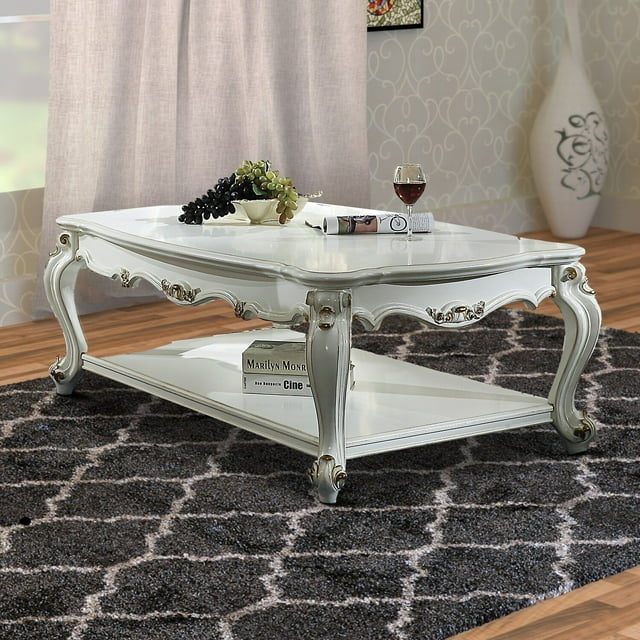 Benjara 35.83" Traditional Solid Wood Coffee Table with Bottom Shelf in White