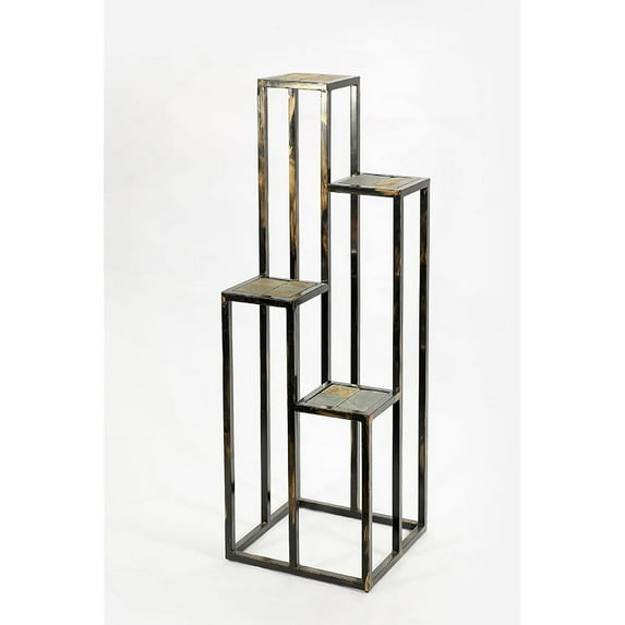 4 Tier Cast Iron Frame Plant Stand with Stone Topping Black and Gold