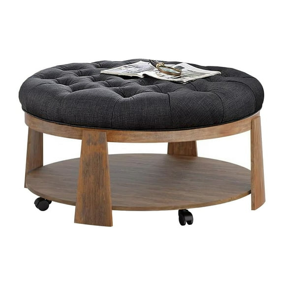 Benjara Gus 41 Inch Ottoman Coffee Table, Button Tufted Gray Fabric, Brown Wood