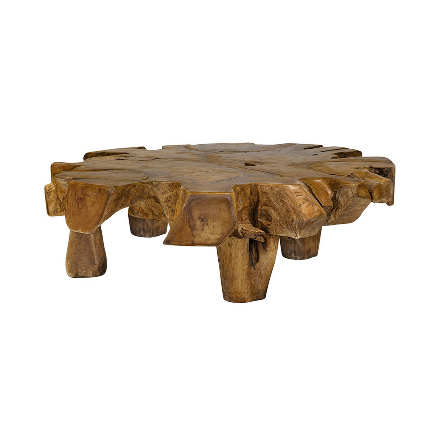 Benjara 47 Inch Coffee Table, Teak Root Frame, Natural Wood Grains, Classic Brown
