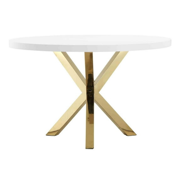 Benjara Emi 47 Inch Dining Table, Round White Lacquer Top, X Twisted Gold Legs